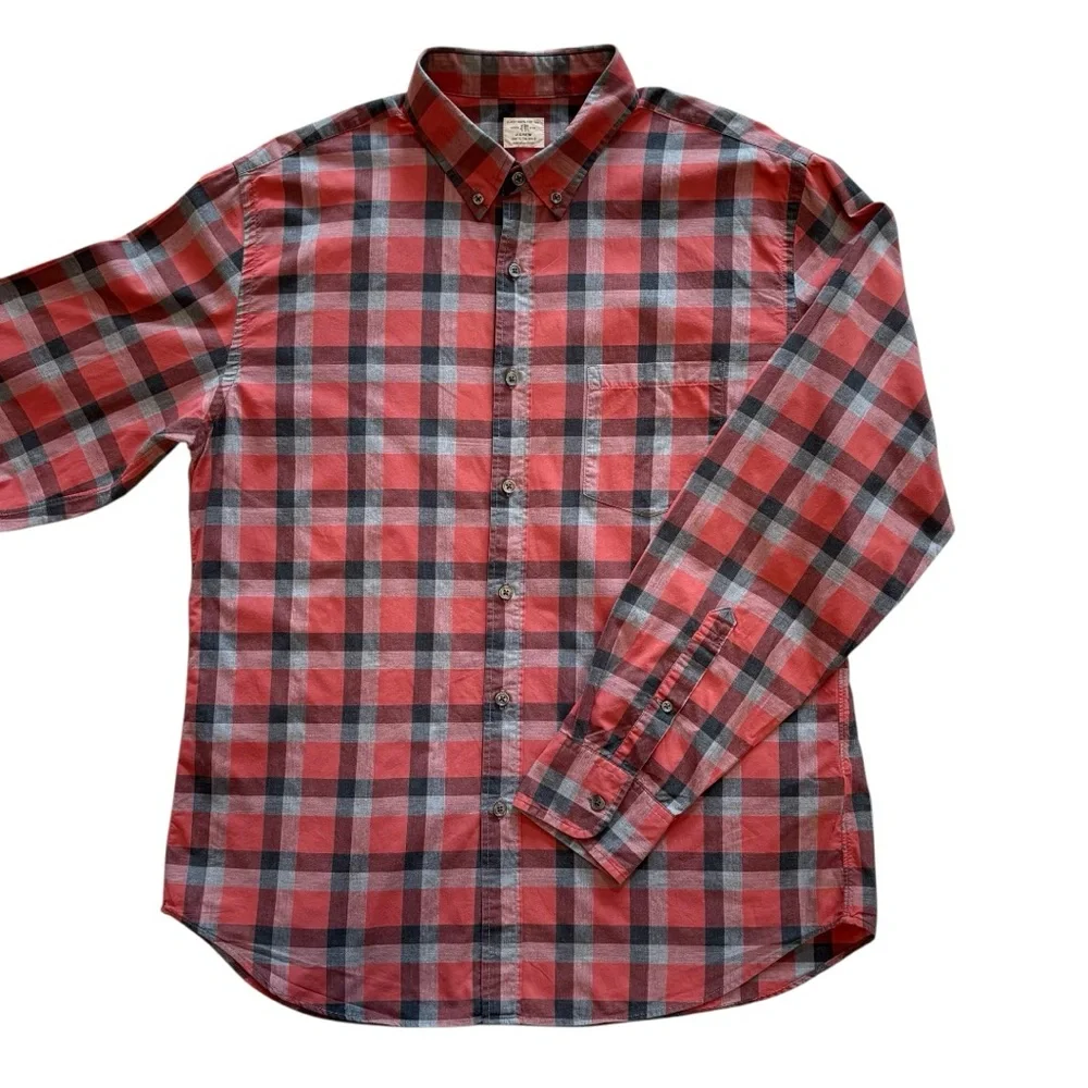 J.Crew 2-Ply Cotton Button Down Shirt Red Gray Black Check Plaid Long Sleeve L